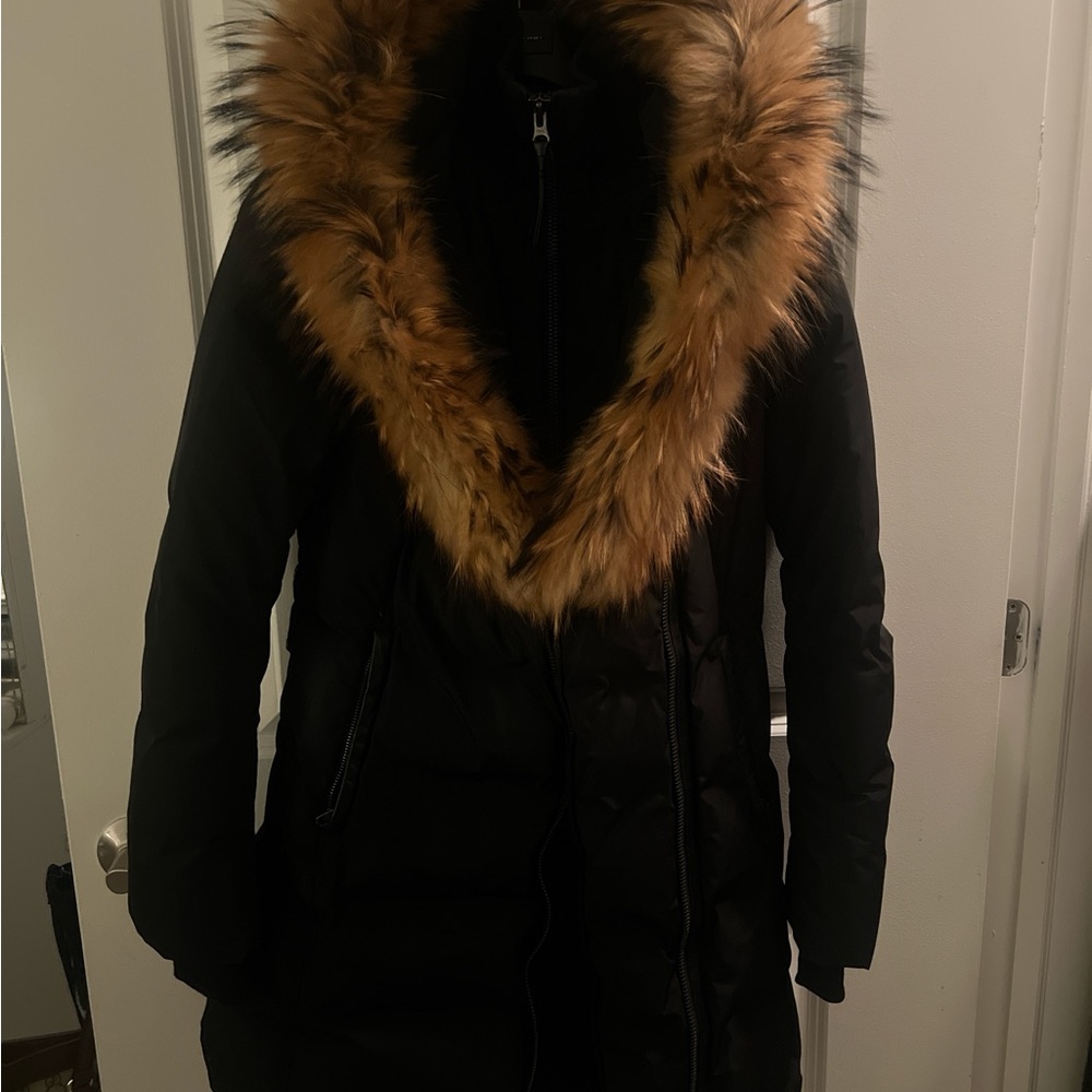 Mackage Black Puffer Jacket with Brown Fur Trim